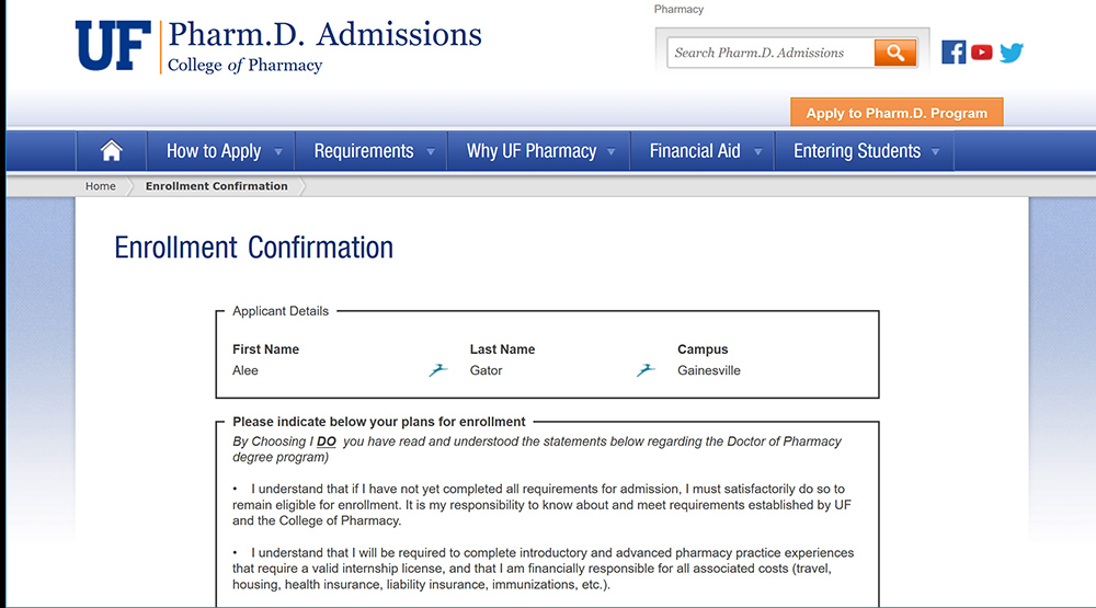 University of Florida Pharm.D Admissions enrollment form