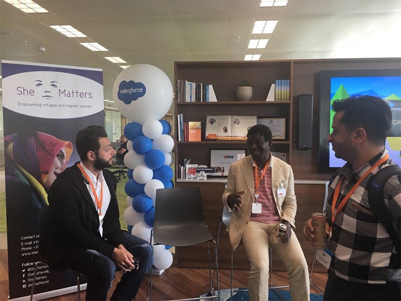 In Amsterdam, Salesforce hosted a panel with UNHCR, New Dutch Connections, She Matters and the Lotus Flower Program while celebrating the success of Buddyforce graduate, Mohamed Thaer, who recently landed his first job in Holland!