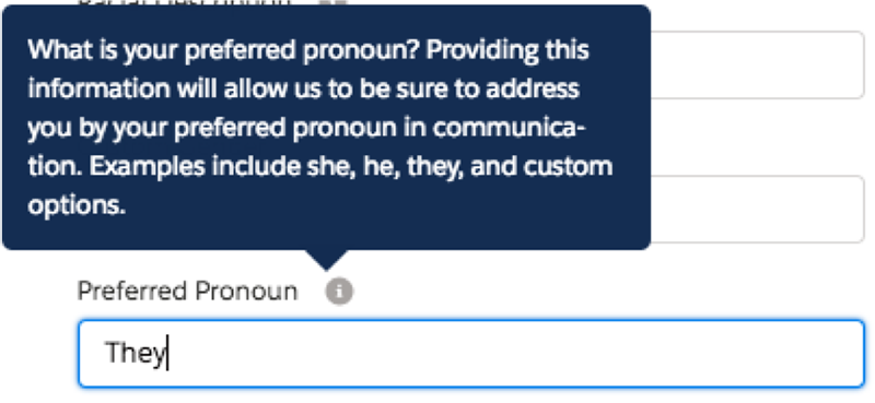 A Preferred Pronoun custom text field with help text
