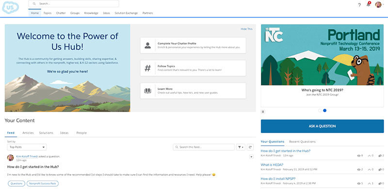 The new view of the updated homepage in the Power of Us Hub in Lightning.