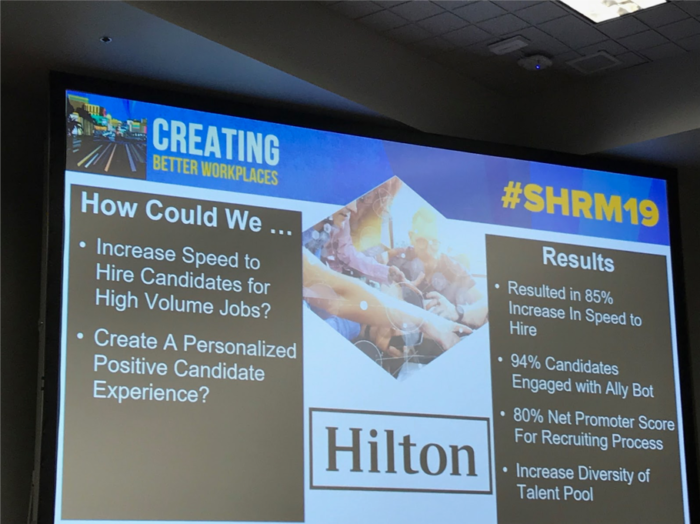 A presentation slide about Hilton’s use of AI at SHRM 2019
