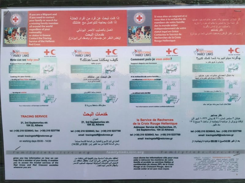 An International Committee of the Red Cross (ICRC) informational  poster for refugees and migrants seeking to locate missing and separated family members. Chios Island, Greece. (Photo: Rakesh Bharania)