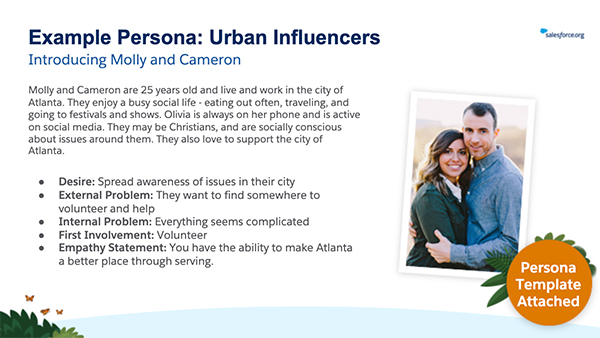 Graphic showing an example persona for urban influencers
