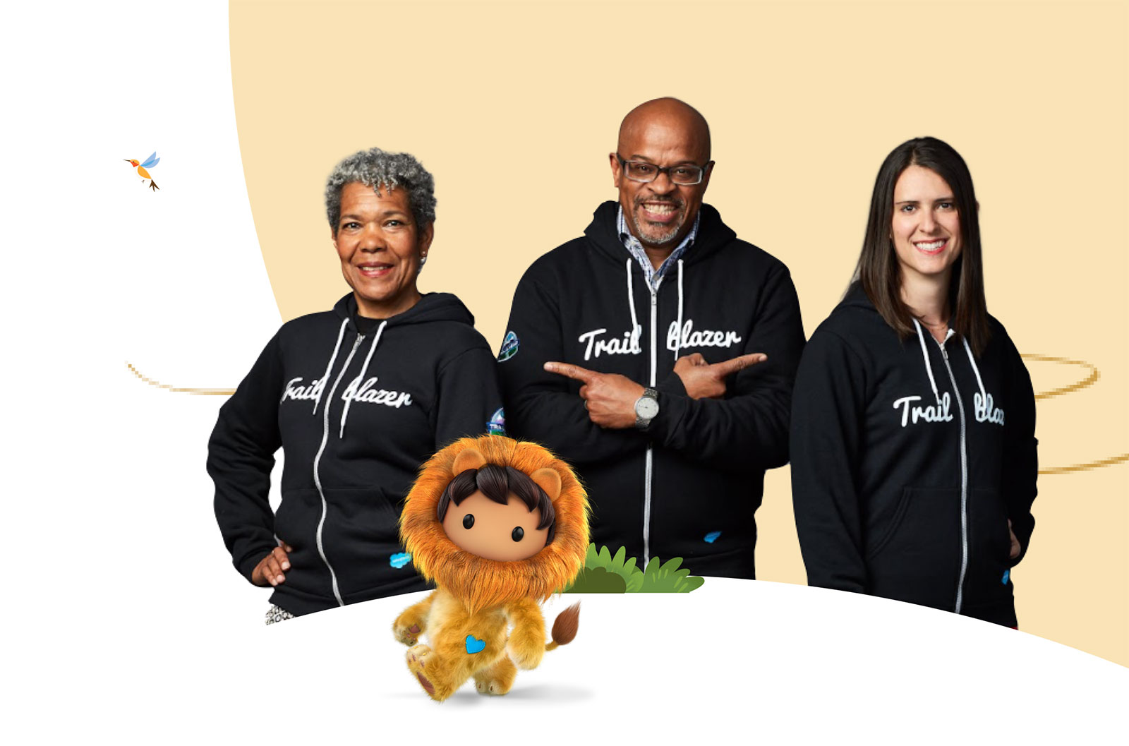 3 people wearing Salesforce Trailblazer jackets accompanied by Lionheart
