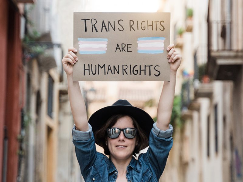 Person holding a sign that says ‘Trans rights are human rights’