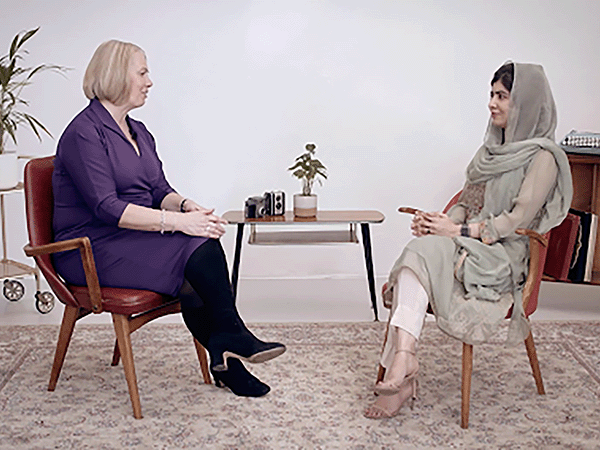 Screenshot of Charlotte Kirby and Malala Yousafzai speaking at Education Summit
