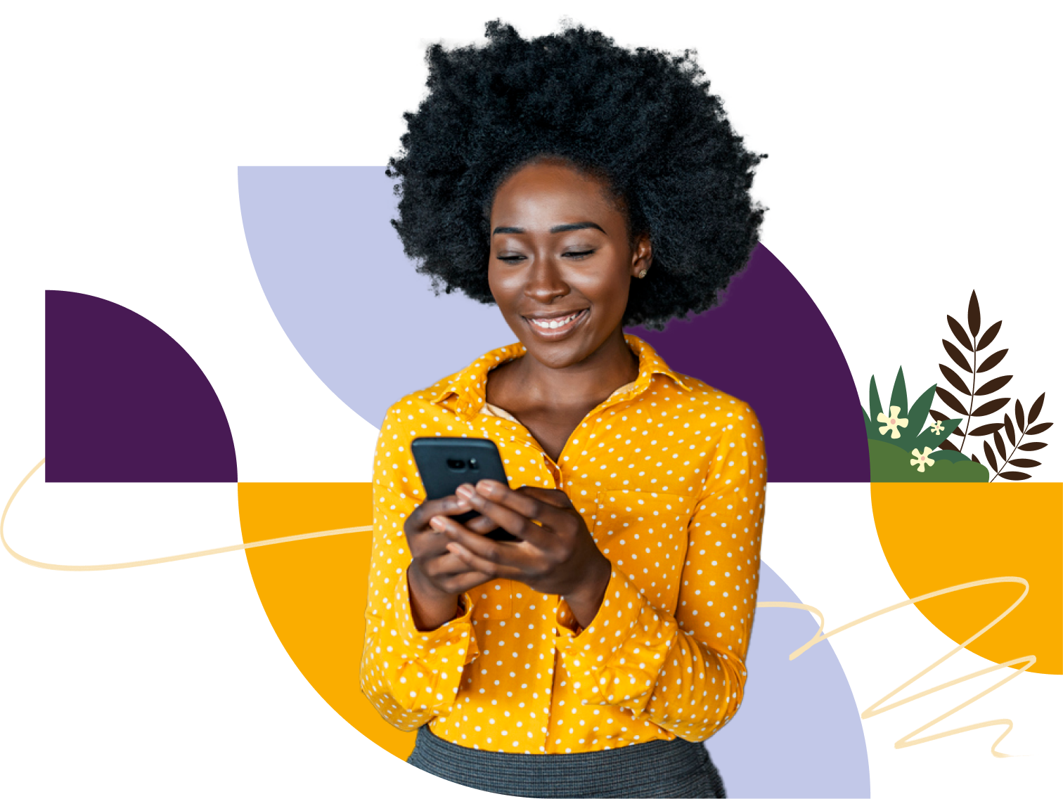 Woman smiling while looking at smartphone