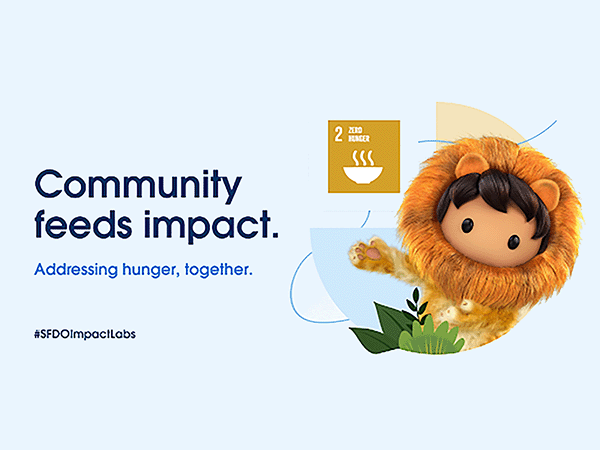 Image depicting Astro the Lion with the words “Community feeds impact. Addressing hunger, together.”