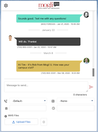 Screenshot of SMS communication via Mogli