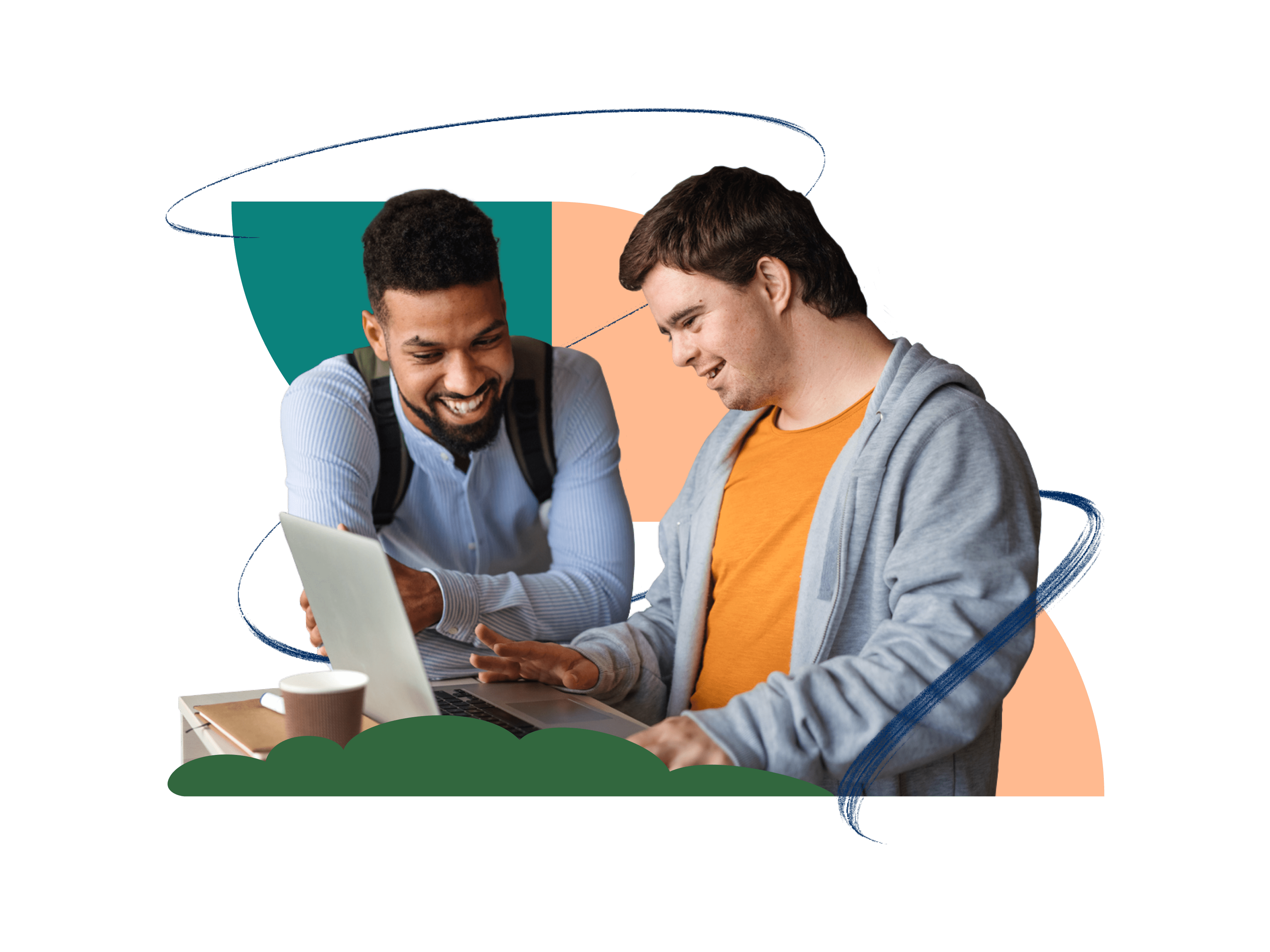 Two men looking at a laptop surrounded by graphic elements