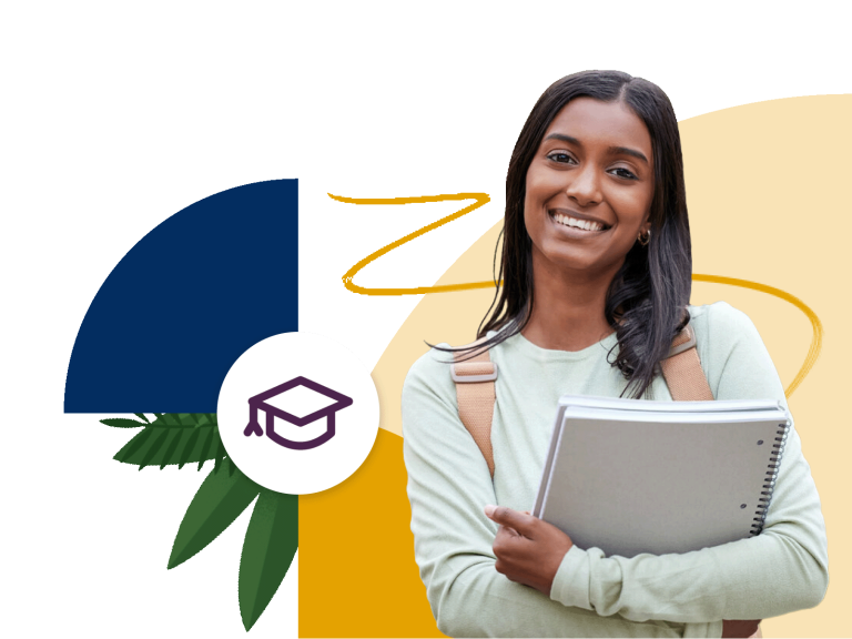 Smiling student standing in front of a blue and yellow illustrated background