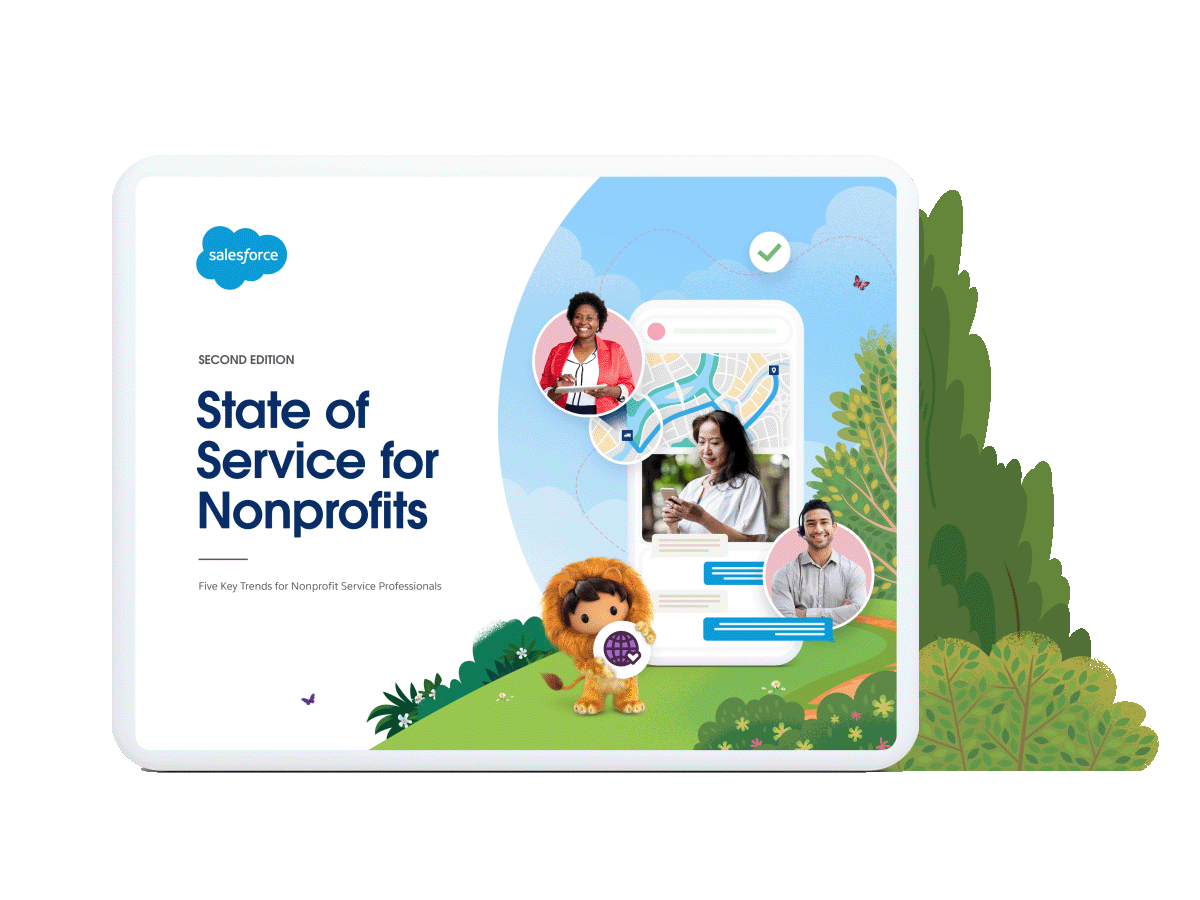 Cover of State of Service for Nonprofits report with mobile device and headshots of people using phone, iPad and headset.